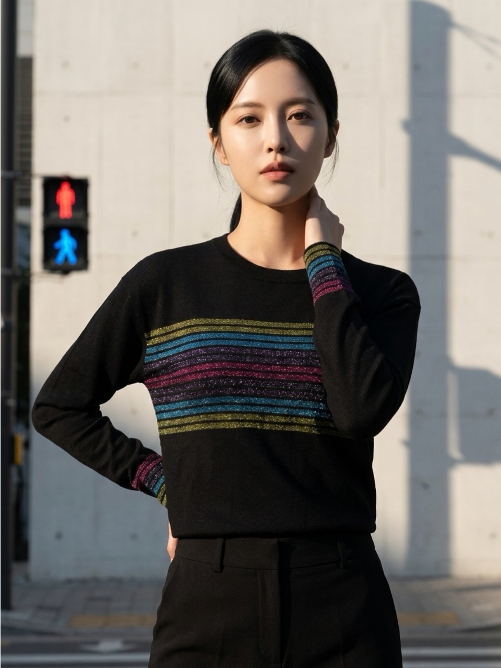Express Women Sz XS Black Striped Sweater Metallic Knit Top Colorful